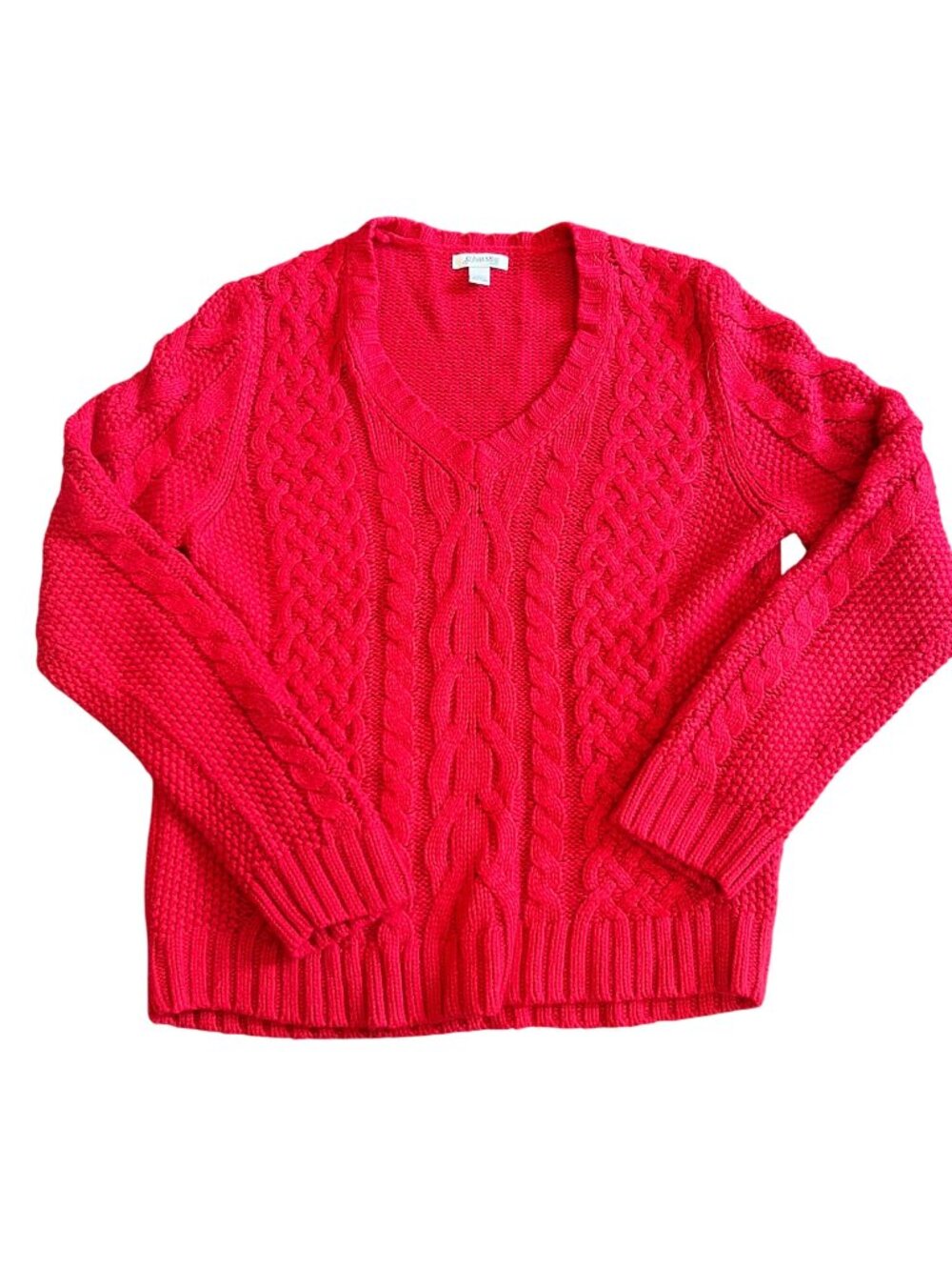 Vintage St.John's Bay Petite Red Cable Knit V-neck Long Sleeve Sweater Large
